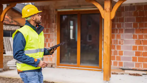 Inspector looking at the exterior of a building